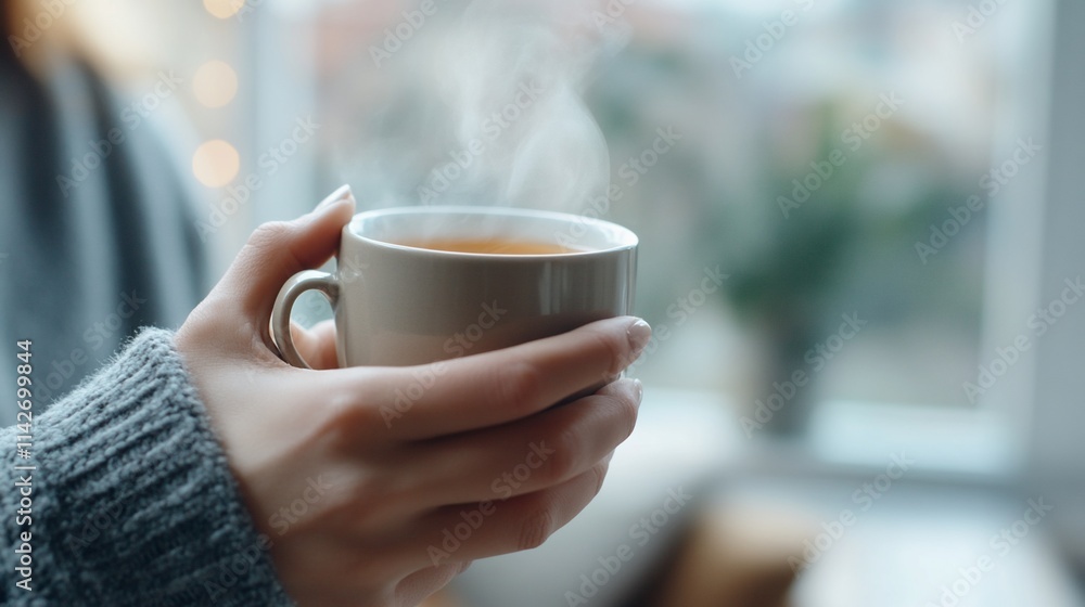 A person holding a steaming cup of tea or coffee by a window. A person holding a steaming cup of tea or coffee by a window.
