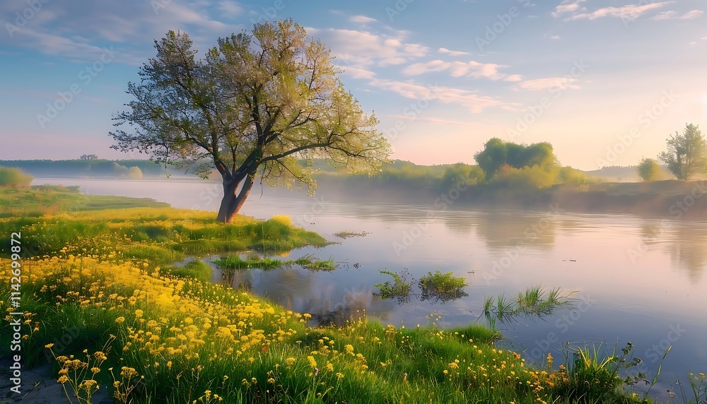 Obraz premium Beautiful spring landscape with green meadow and lonely tree on the lake