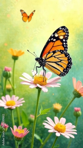 spring meadow with colorful butterflies fluttering above wildflowers, close-up view of a monarch butterfly, spring,poster, postcard,screensaver, wallpaper