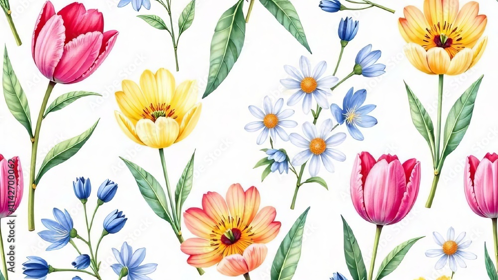 pattern of spring flowers tulips, daisies, peonies, soft pastel of pink on a white background, fabric prints, wrapping paper, or design,illustration , watercolor, poster, postcard,screensaver, wallpap pattern of spring flowers tulips, daisies, peonies, soft pastel of pink on a white background, fabric prints, wrapping paper, or design,illustration , watercolor, poster, postcard,screensaver, wallpap