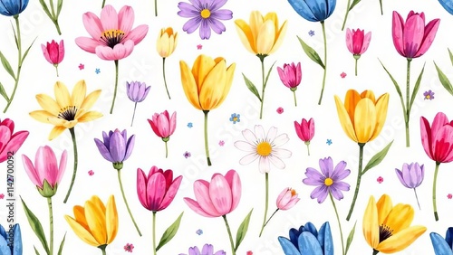 pattern of spring flowers tulips, daisies, peonies, soft pastel of pink on a white background, fabric prints, wrapping paper, or design,illustration , watercolor, poster, postcard,screensaver, wallpap