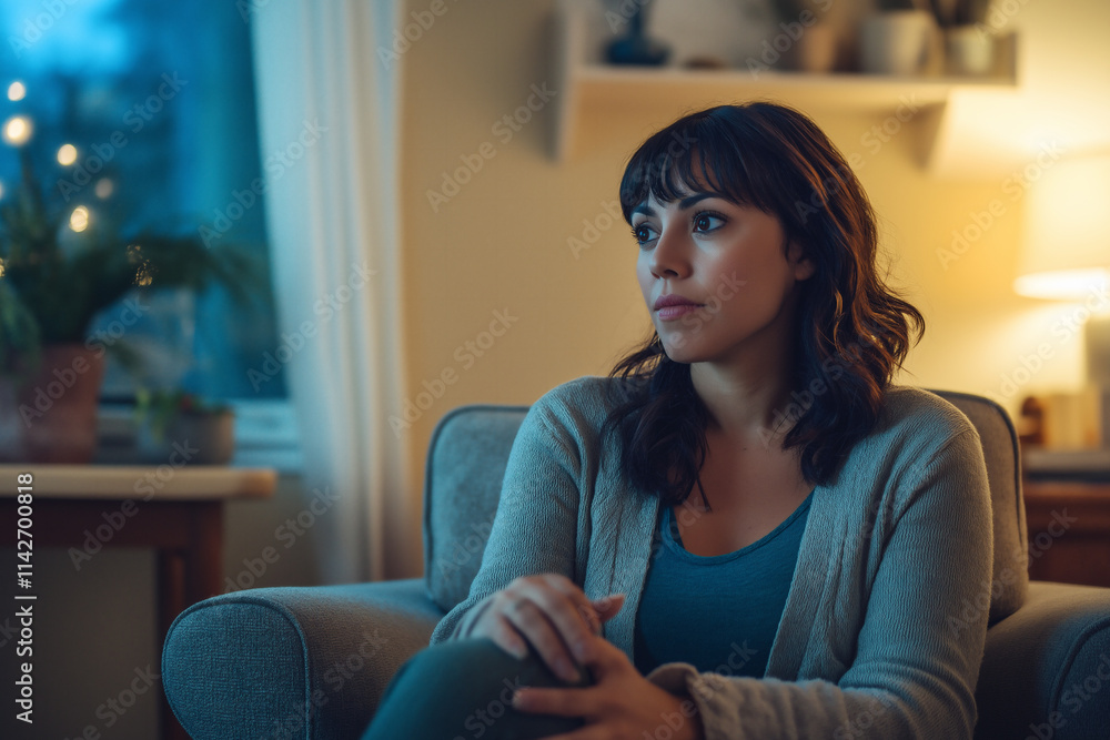 Latina mental health therapist reflecting in a cozy therapy space. Generative AI Latina mental health therapist reflecting in a cozy therapy space. Generative AI