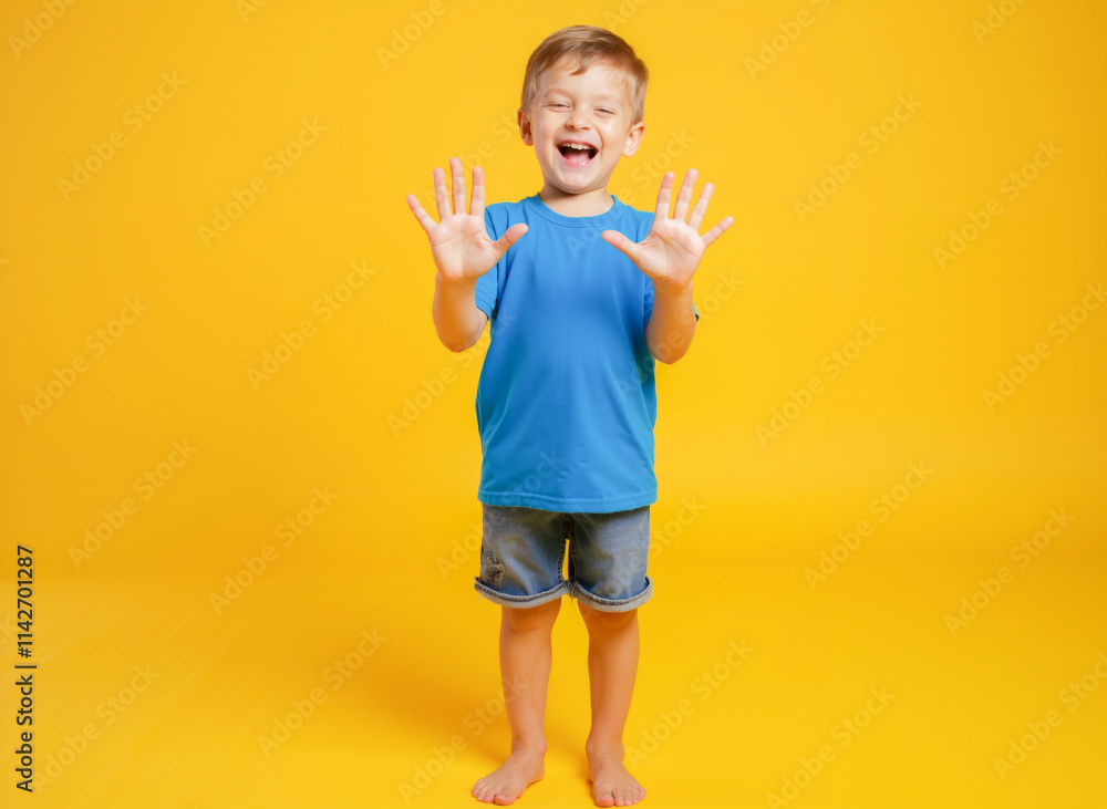 Young Boy with Hands Raised Against Bright Yellow Background Young Boy with Hands Raised Against Bright Yellow Background