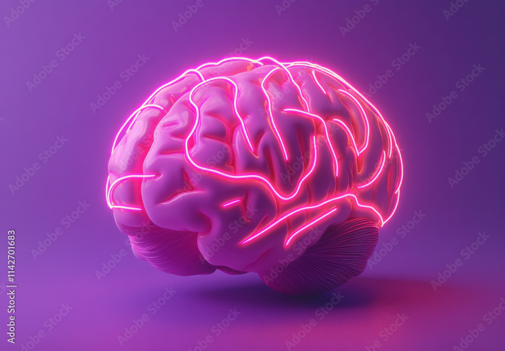 This artwork features a three-dimensional depiction of a human brain illuminated with vibrant neon lines. Set against a purple background, the design emphasizes neural connections and creativity. This artwork features a three-dimensional depiction of a human brain illuminated with vibrant neon lines. Set against a purple background, the design emphasizes neural connections and creativity.