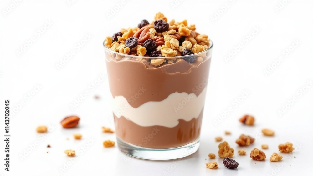 Creamy chocolate yogurt parfait layered with granola, pecans, and raisins, detailed food photography, soft natural lighting, isolated on a clean white background, minimalistic composition Creamy chocolate yogurt parfait layered with granola, pecans, and raisins, detailed food photography, soft natural lighting, isolated on a clean white background, minimalistic composition