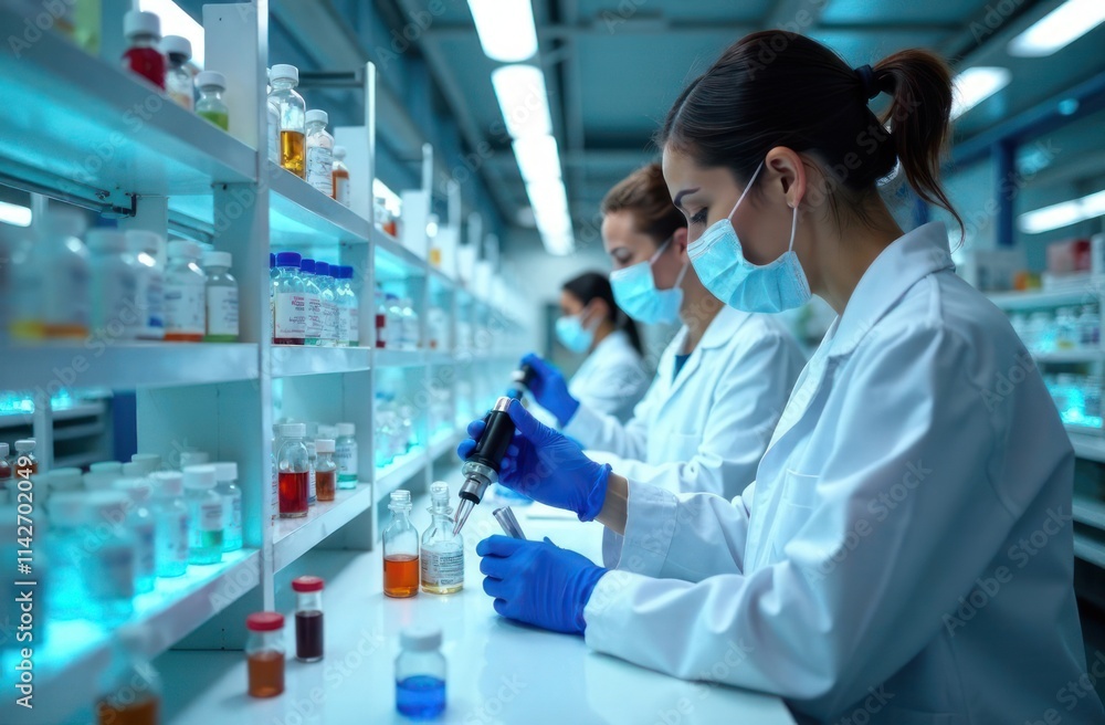 science, biology, medicine, scientific work, healthcare. clean and futuristic pharmaceutical lab with shelves of vials and researchers in protective gloves and masks working with precision equipment. science, biology, medicine, scientific work, healthcare. clean and futuristic pharmaceutical lab with shelves of vials and researchers in protective gloves and masks working with precision equipment.