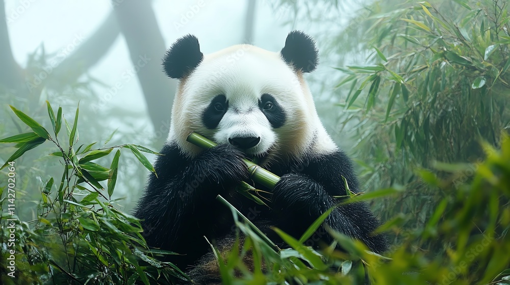 Obraz premium A cute panda enjoying bamboo in a lush, green environment.