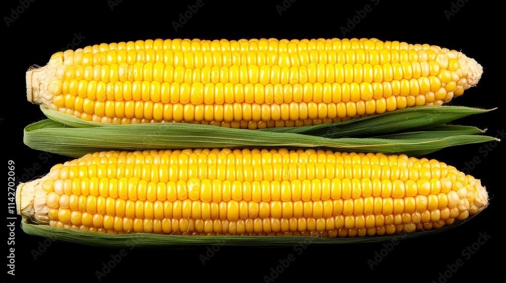 Two Golden Corncobs on Green Husks Against Black Background Two Golden Corncobs on Green Husks Against Black Background
