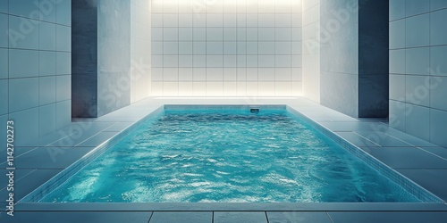  Compact square swimming pool surrounded by bright white tiles stretching into infinite background.