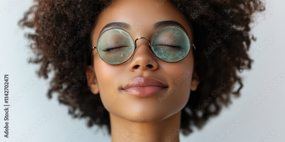Peaceful woman with closed eyes wearing round glasses, radiating calmness and inner serenity under soft natural light. Peaceful woman with closed eyes wearing round glasses, radiating calmness and inner serenity under soft natural light.