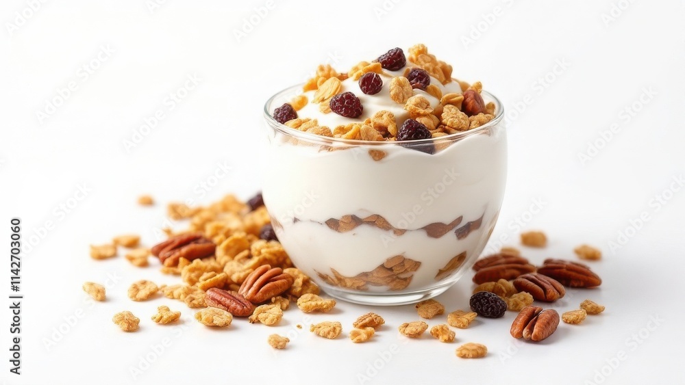 Creamy chocolate yogurt parfait layered with granola, pecans, and raisins, detailed food photography, soft natural lighting, isolated on a clean white background, minimalistic composition Creamy chocolate yogurt parfait layered with granola, pecans, and raisins, detailed food photography, soft natural lighting, isolated on a clean white background, minimalistic composition