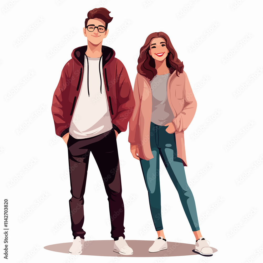 Fototapeta premium Illustration of youthful man and woman in casual clothing standing together