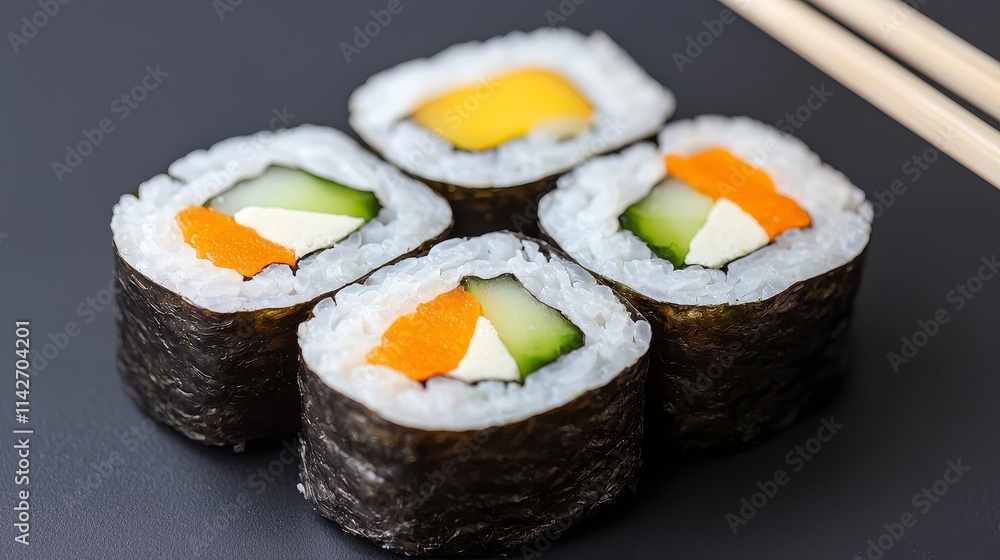 Delicious Vegetarian Sushi Rolls on Dark Surface Delicious Vegetarian Sushi Rolls on Dark Surface