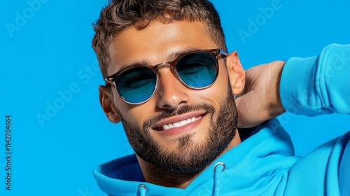 Cool Blue Vibes: A stylish young man with a beard smiles confidently, wearing blue sunglasses and a matching hoodie against a vibrant blue backdrop.