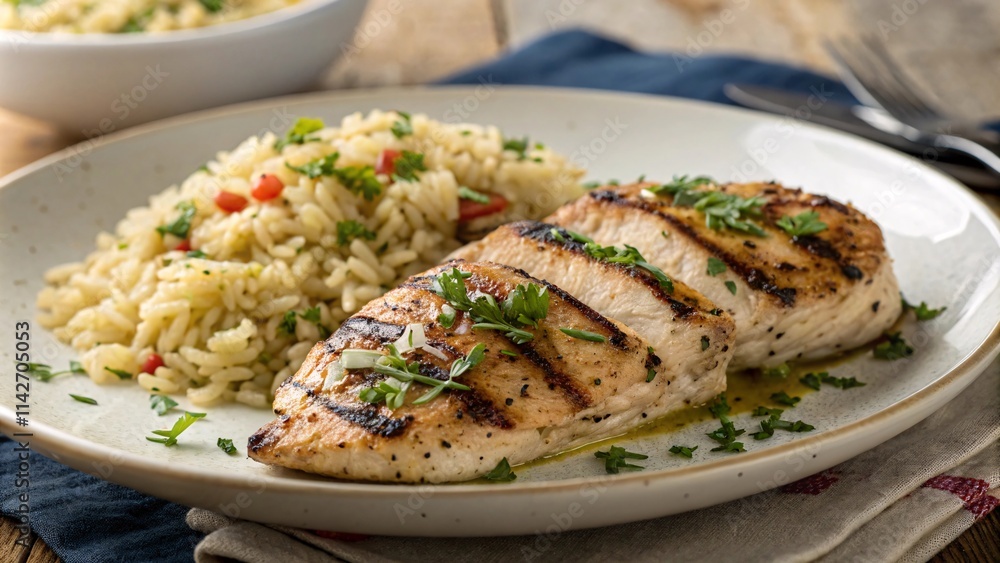 Grilled Chicken with Bulgur, Fresh Salsa, and Herb Garnish Illustration V3 Grilled Chicken with Bulgur, Fresh Salsa, and Herb Garnish Illustration V3
