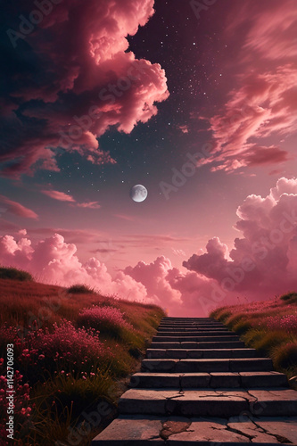 dreamy landscape, surreal stairs, pink clouds, moonlit sky, tranquil ascension, peaceful setting, ethereal atmosphere, fantasy scene, enchanting pathway, celestial elements, soft hues