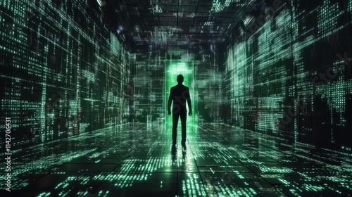 A silhouetted figure stands in a digital matrix-like environment, symbolizing technology and data.