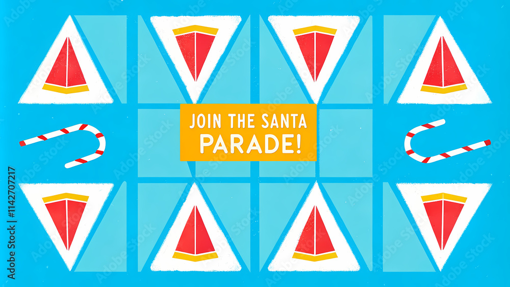 Fototapeta premium Santa parade poster with red and blue geometric patterns