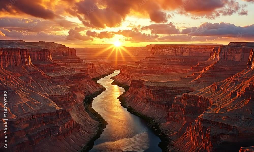 A breathtaking sunset over a canyon river, showcasing vibrant colors and dramatic landscapes.