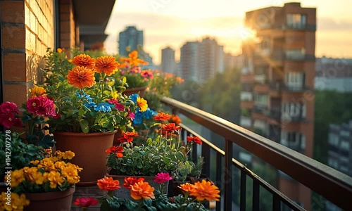 Wallpaper Mural A vibrant balcony garden filled with colorful flowers against a cityscape backdrop at sunset. Torontodigital.ca