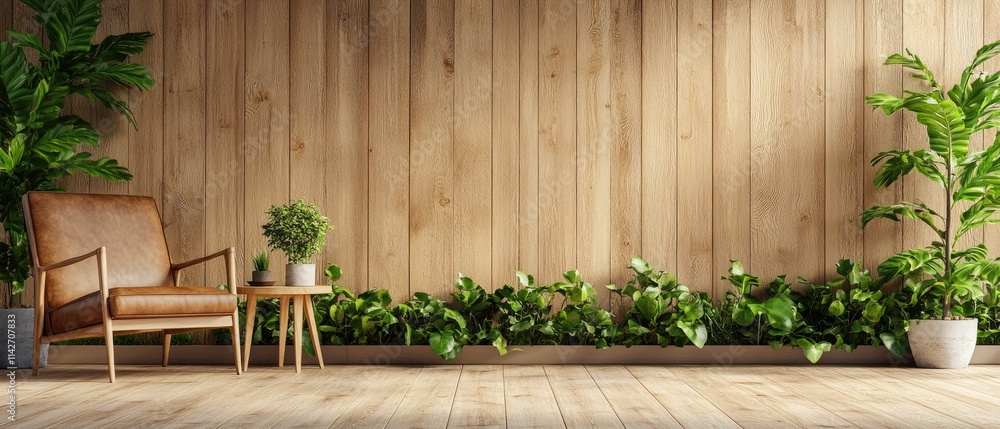 Modern living room with wooden wall, armchair, plants, and side table. Modern living room with wooden wall, armchair, plants, and side table.
