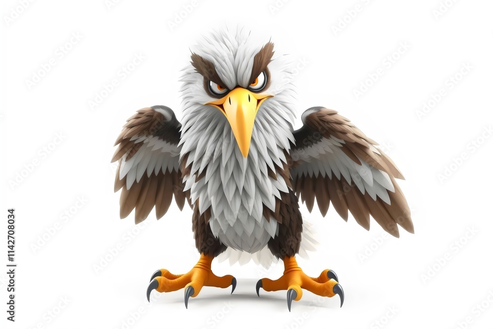 Obraz premium Funny Angry Eagle Cartoon with Sharp Eyes and Beak on White Background