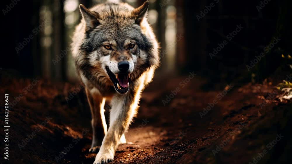Lone wolf walking alone in a forest path, open mouth showing teeth