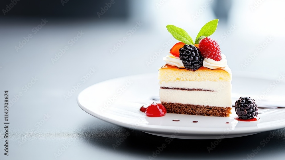 Delicious Slice of Cake Garnished with Fresh Berries and Mint Leaves Served on Elegant Plate Creating a Tempting Dessert Presentation Delicious Slice of Cake Garnished with Fresh Berries and Mint Leaves Served on Elegant Plate Creating a Tempting Dessert Presentation