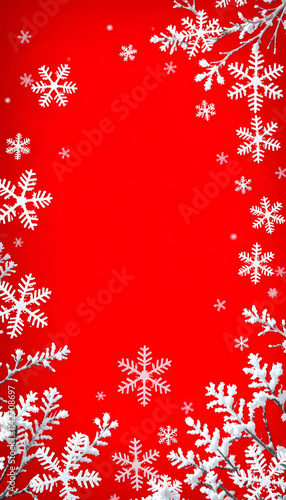 Frame with snowflakes on a snowy red gradient background. Festive New Year and Christmas banner, studio lighting. isolated with white highlights