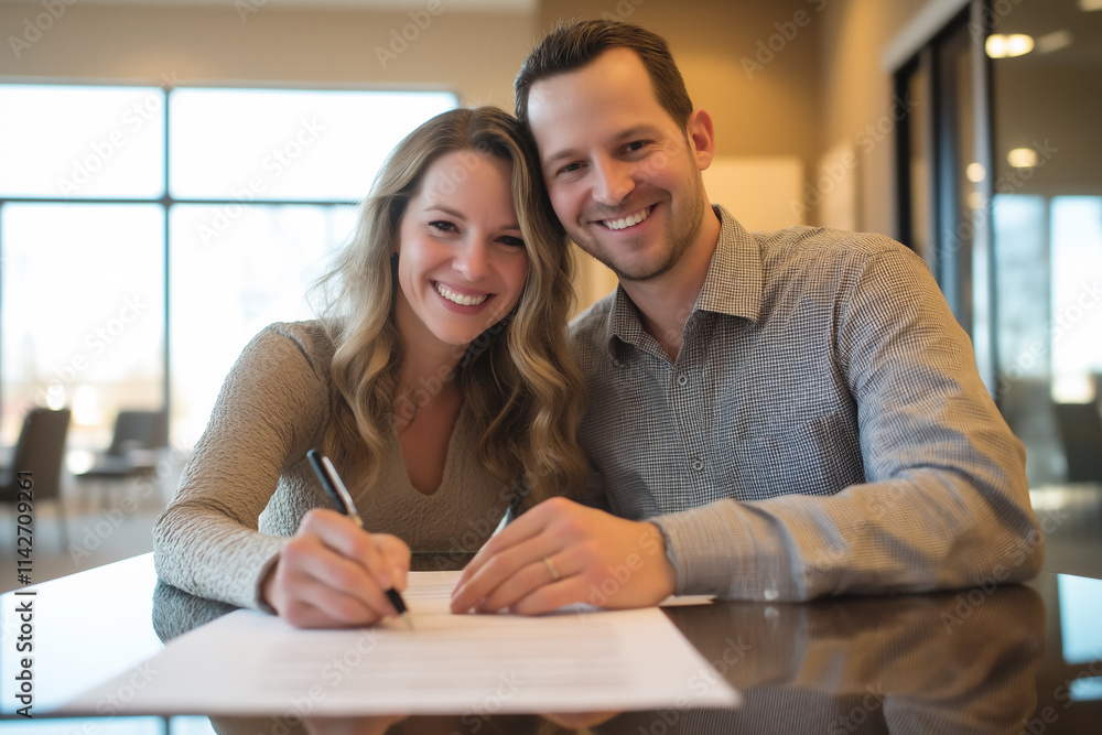Happy couple finalizing their plans together in a bright, modern setting. Generative AI Happy couple finalizing their plans together in a bright, modern setting. Generative AI