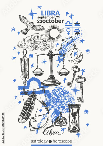 Hand drawn libra zodiac sign illustration, horoscope background with astrology symbols and talismans.