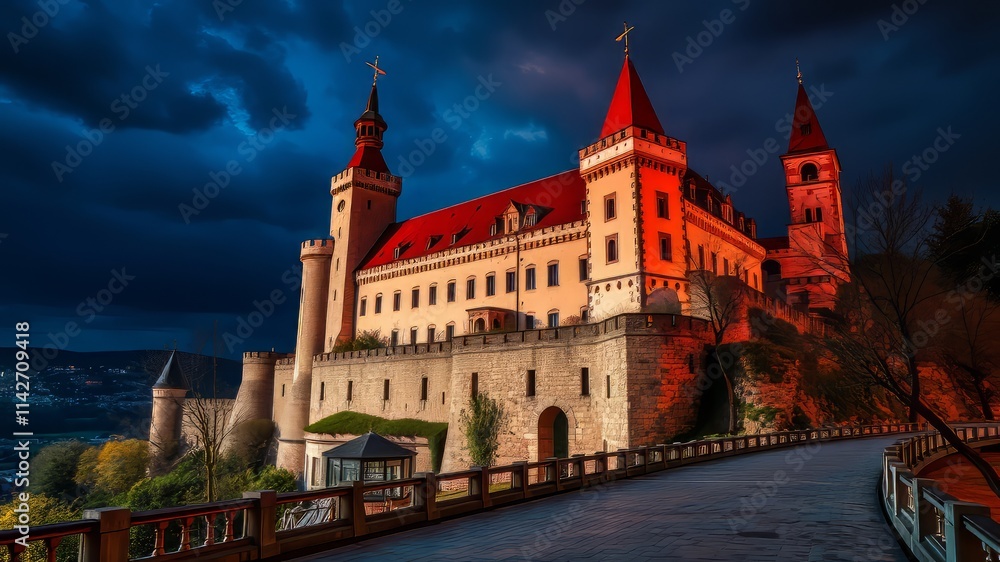 Fototapeta premium Karlstejn Castle, Czech Republic, Medieval Fortress, Stunning Landscape, AI Photo, High Resolution, Colorful, Dramatic Lighting