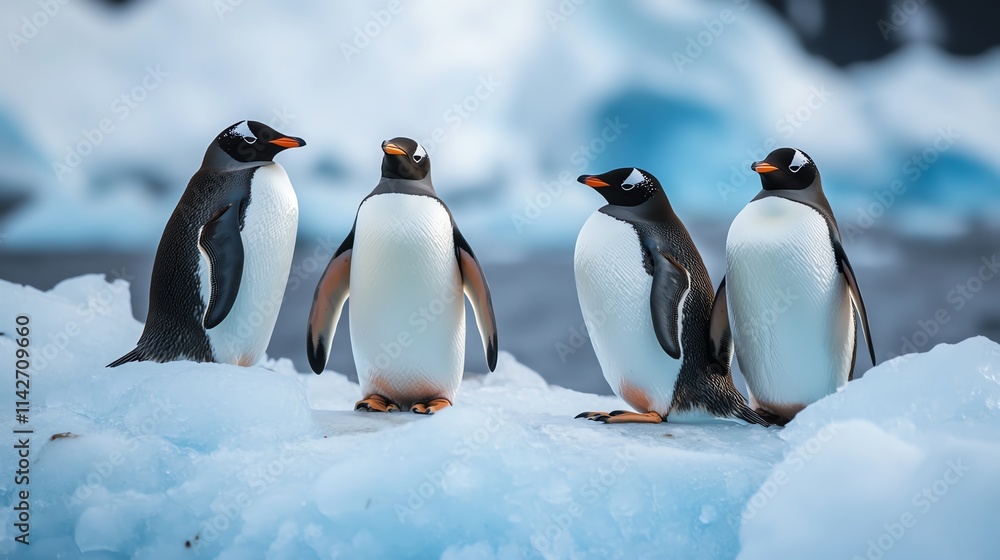 Fototapeta premium Group of penguins standing on ice in a cold environment.