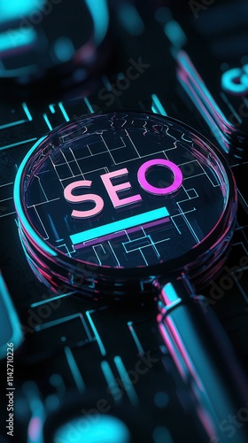 Exploring SEO concepts with a digital magnifying glass on a high-tech background representing online marketing strategies