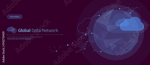 Abstract big in cloud Power BI global data network connection dark blue banner or header, wireframe connected dots and polygonal for worldwide business intelligence, statistics, analytics, insights
