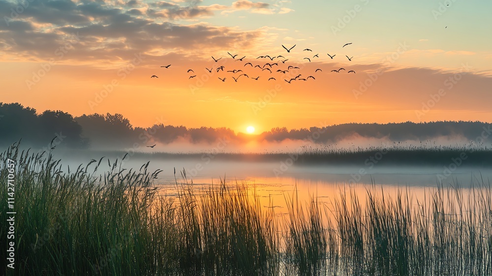 Serene sunrise over a misty lake with birds flying in harmony. Serene sunrise over a misty lake with birds flying in harmony.