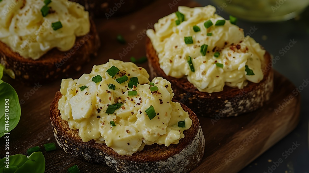 Creamy baked egg salad topping bread toast slice with spring onions and chili powder, wooden rustic kitchen