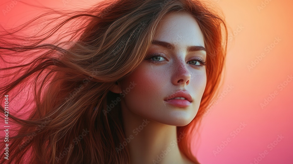 Fototapeta premium Captivating portrait of a young woman with flowing hair against a vibrant gradient background during golden hour