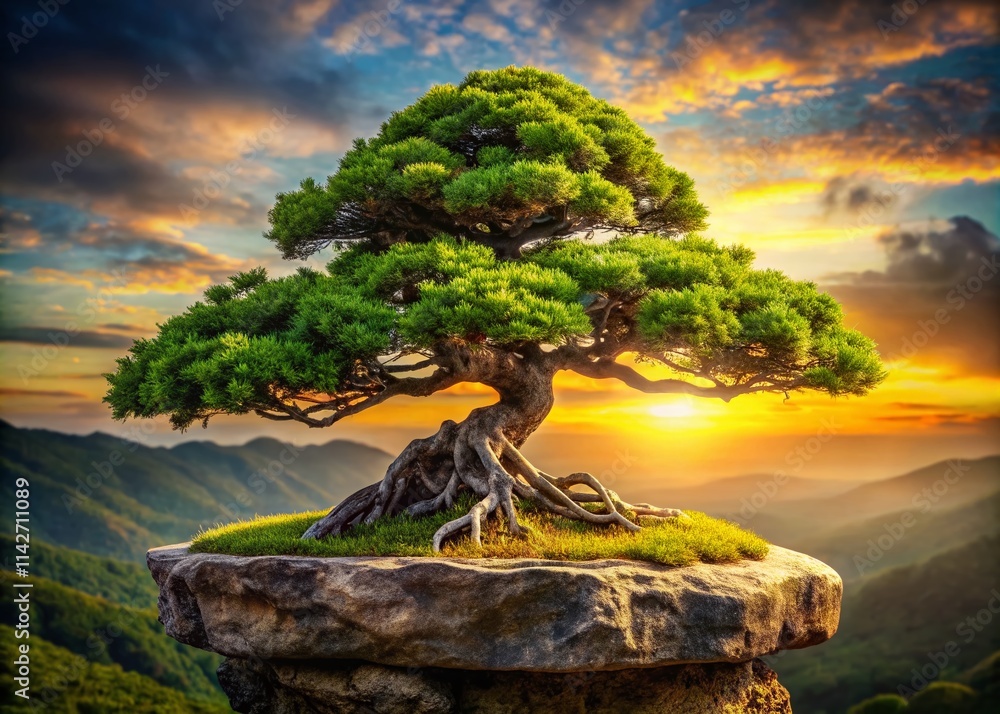Fototapeta premium Lush Bonsai Tree on Rock PNG - High-Resolution Landscape Photography