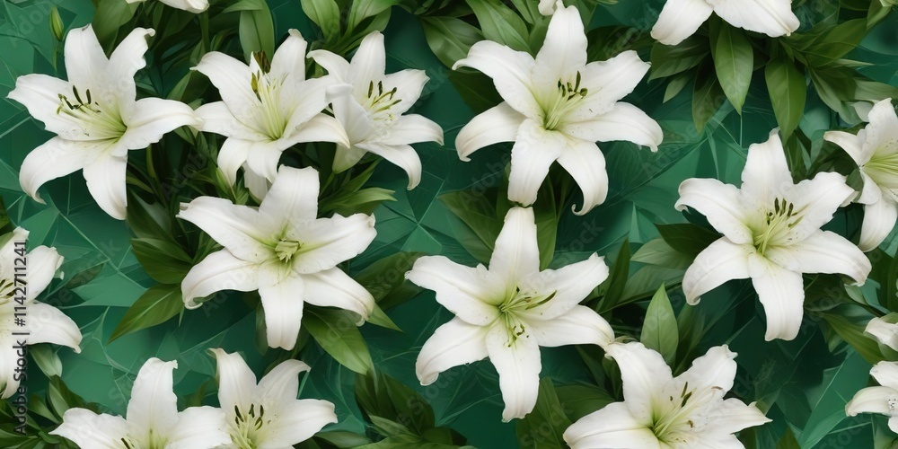 Minimalist background of white lilies with green leaves on a geometric green pattern, trendy, modern, simplicity, design
