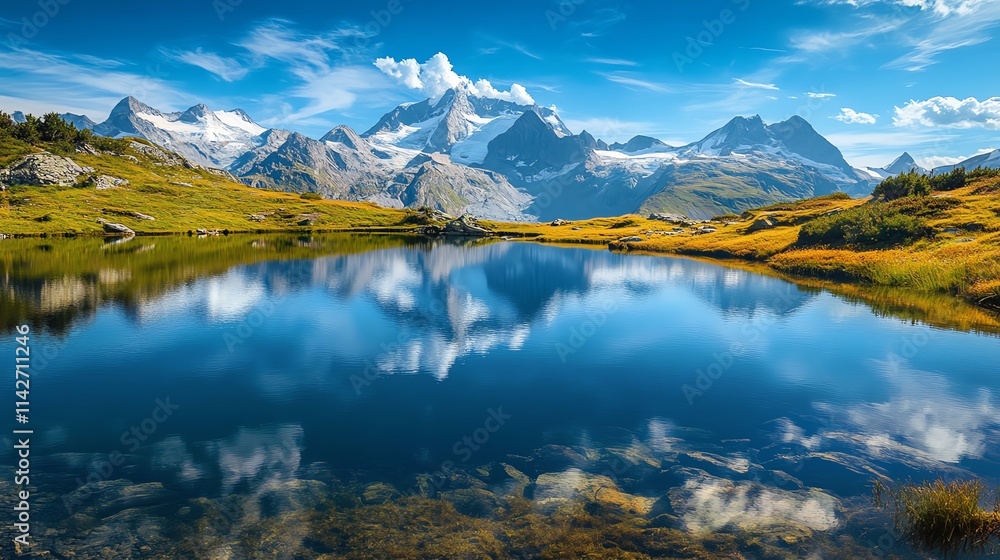 Obraz premium Stunning mountain landscape reflected in a serene lake.