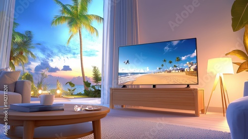 A cozy living area with a TV setup on a traditional wooden stand, surrounded by inviting furniture and warm decor.