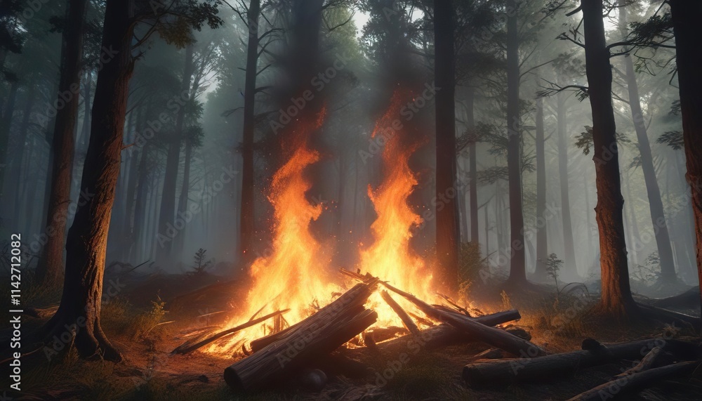 Modern graphic art of a fire consuming a dense forest, ecology, burning trees, emergency Modern graphic art of a fire consuming a dense forest, ecology, burning trees, emergency