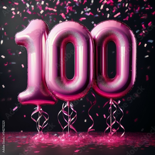 Pink birthday / anniversary balloon, number 100, black background with confetti photo