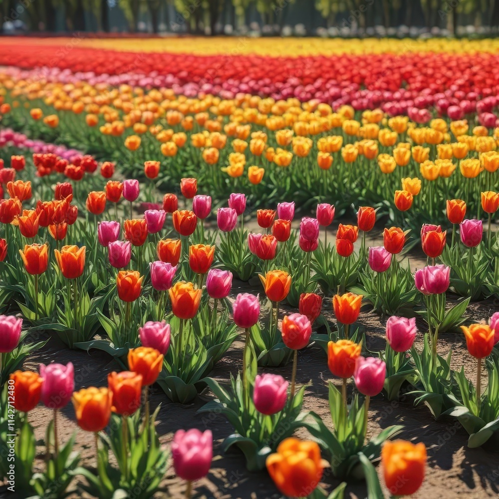 Sunlit field of colorful tulips, sunny spring day , flowers, season, sunny Sunlit field of colorful tulips, sunny spring day , flowers, season, sunny