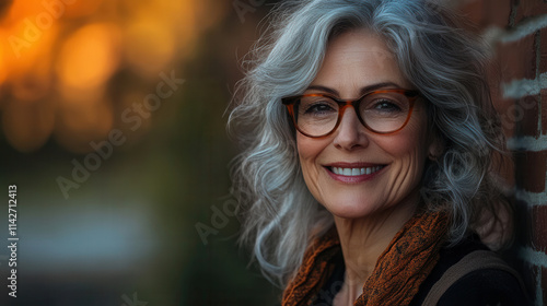 Smiling older woman with curly gray hair wearing glasses stands against a brick wall during sunset in a lively outdoor setting