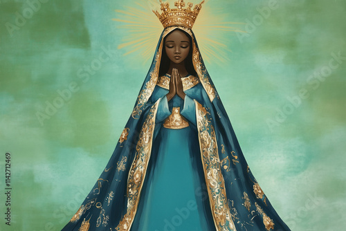 Mary as African queen saint, mother of Jesus. Prayerful Nossa Senhora Aparecida, in golden crown and blue robe, represents Brazilian Catholic faith. photo