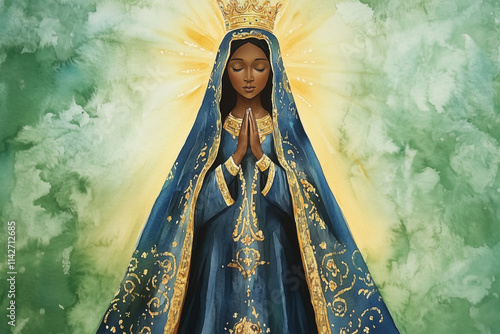 Brazil’s Nossa Senhora Aparecida, Mary, as an African queen saint. Prayerful stance, adorned with golden crown and blue robe. photo