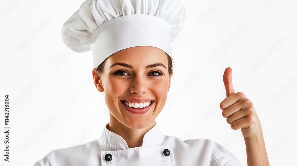 Chef wearing a white uniform and hat gives a thumbs up with a bright smile in a well-lit kitchen setting Chef wearing a white uniform and hat gives a thumbs up with a bright smile in a well-lit kitchen setting