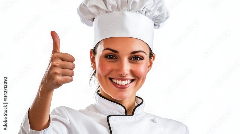 Chef giving a thumbs up while wearing a white uniform and hat with a bright smile in a well-lit kitchen setting Chef giving a thumbs up while wearing a white uniform and hat with a bright smile in a well-lit kitchen setting